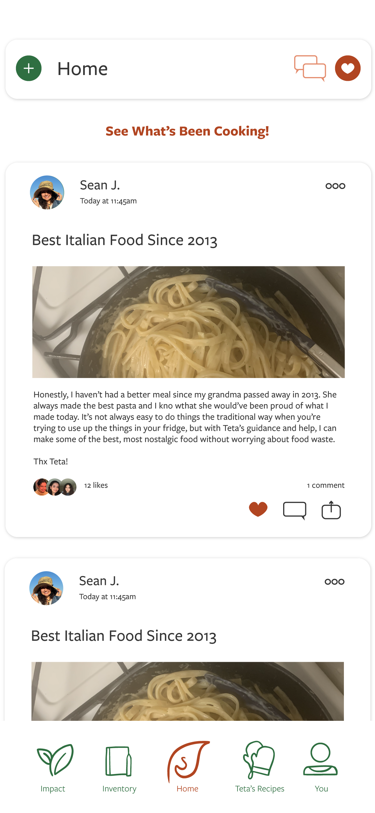 Home screen — daily inventory and meal suggestions